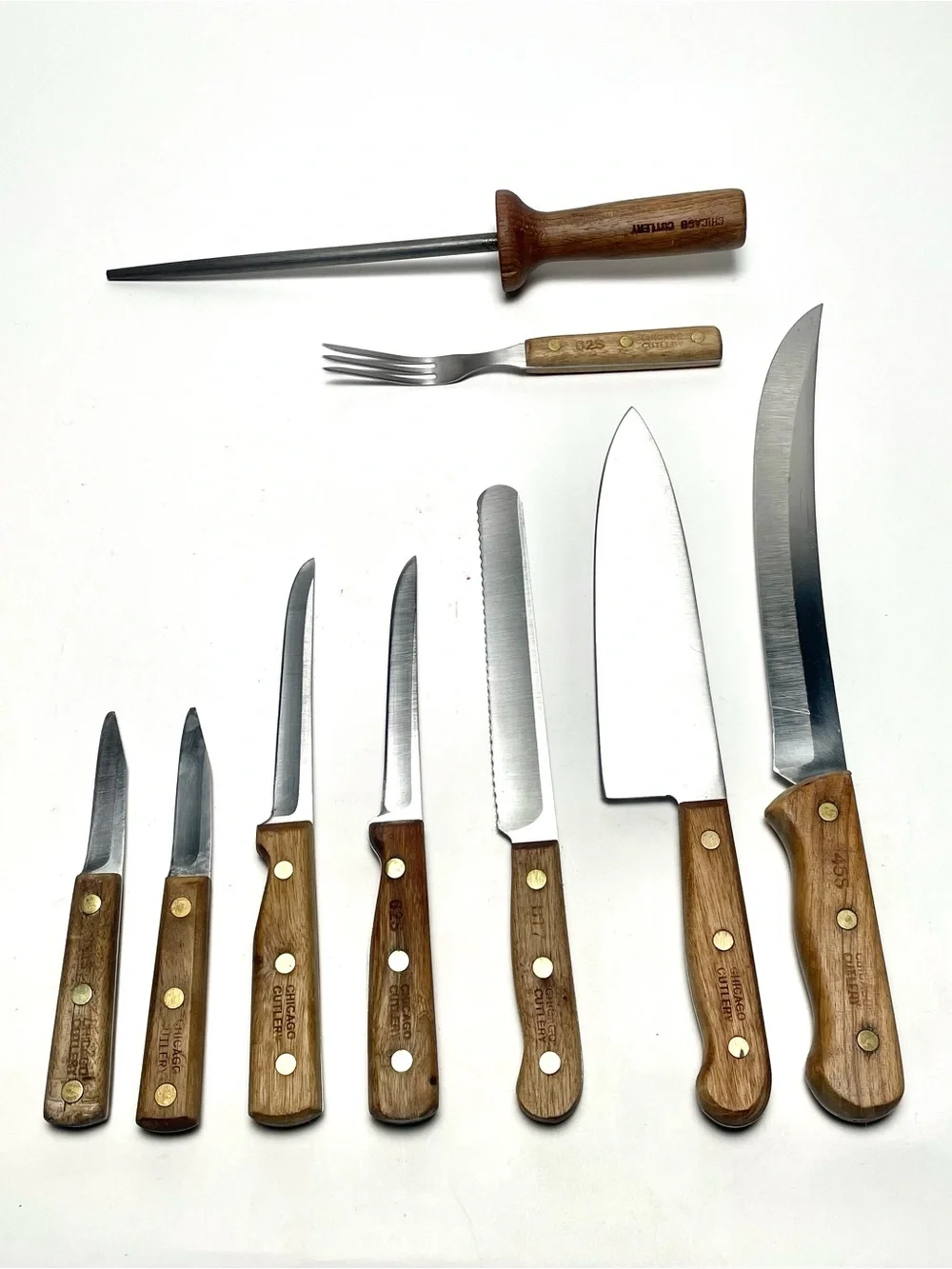 Vintage Chicago Cutlery 10 Piece Kitchen Knife, Fork & Block Set Walnut USA